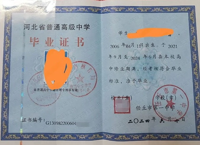 上海任丘市第一中学高中毕业证样本图片